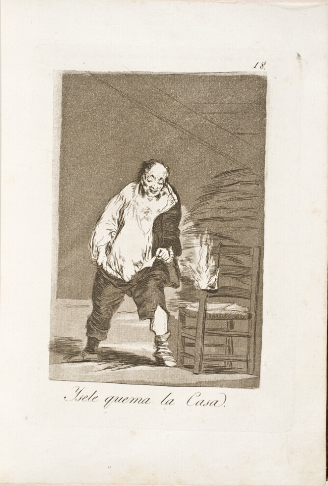 A black and white print of a disheveled, full-figured standing man holding up his pants from falling, while a chair next to him catches on fire