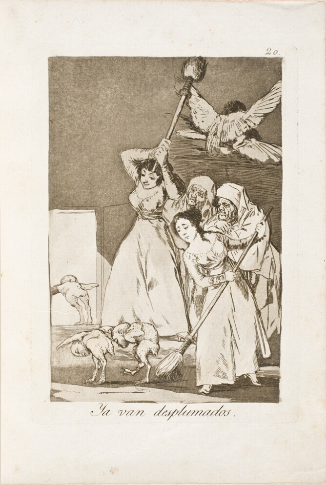 A black and white print of two standing young women shooing away walking birds with human heads using brooms, as two older women stand next to them and watch