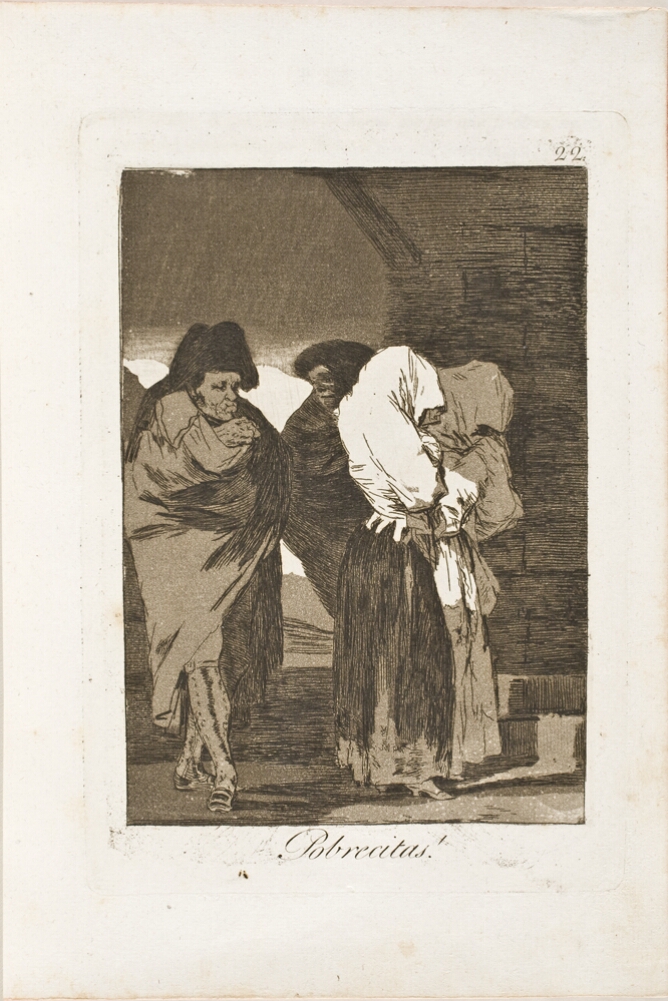 A black and white print of two women walking with their heads covered, with two men behind them