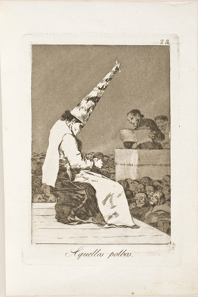 A black and white print of a figure wearing a large conical hat seated on a platform, with a crowd below