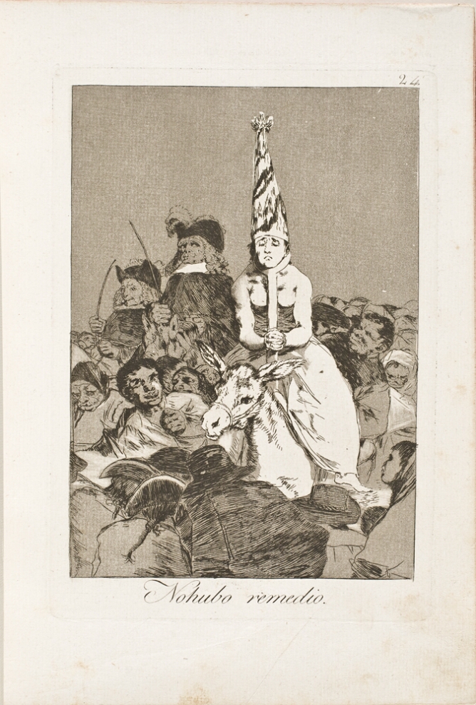 A black and white print of a figure wearing a conical hat, with hands clasped in front of them, their head restrained on a U-shaped stick, riding on a donkey through a crowd