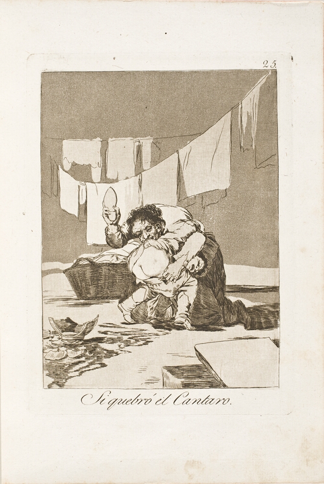 A black and white print of a kneeling woman about to spank a child's bare bottom with a shoe. In front of them, a broken pot on the ground. Behind them, hanging laundry