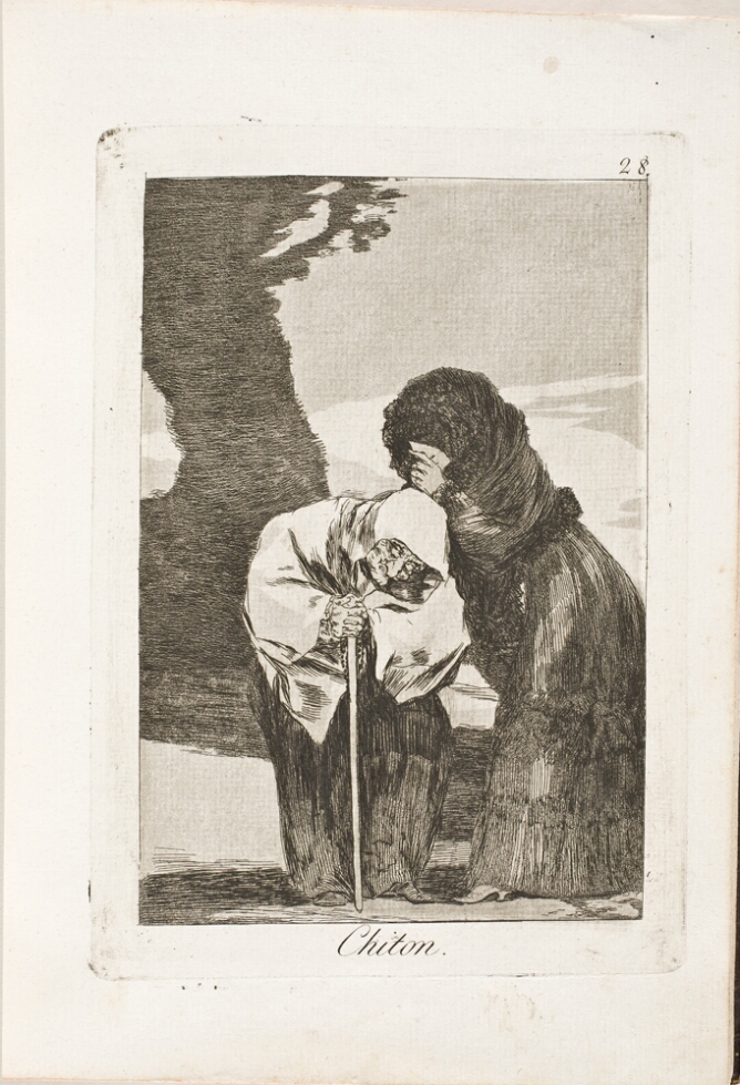 A black and white print of a hooded young woman confiding in a hunched older woman leaning on a walking stick