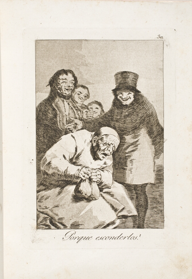 A black and white print of an older figure sitting, clutching onto two small bags, while men stand behind him smiling