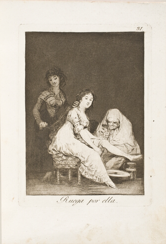 A black and white print of a young woman sitting with her leg on the lap of a seated older woman holding a rosary, while another woman combs her hair