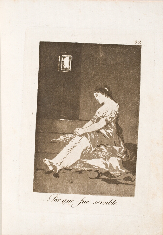 A black and white print of a melancholy young woman sitting on steps near a lantern