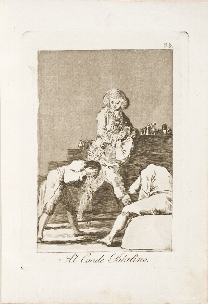 A black and white print of a richly dressed man standing with his fingers in another man's mouth, while a man bends over and vomits, and another man sits slumped to the side