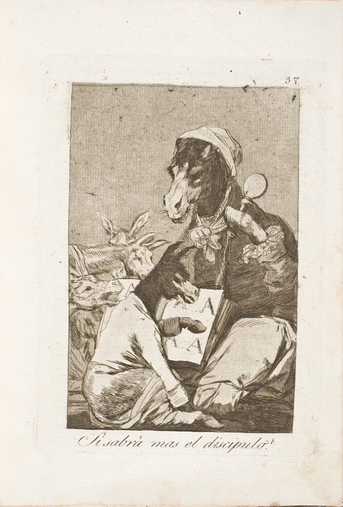 A black and white print of a clothed donkey sitting in front of a younger clothed donkey who points to an open book with the letter "A" repeated on its pages, while other animals watch
