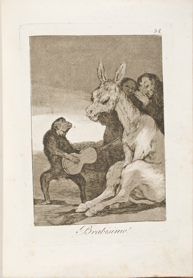 A black and white print of a standing monkey playing the guitar for a seated donkey and two figures
