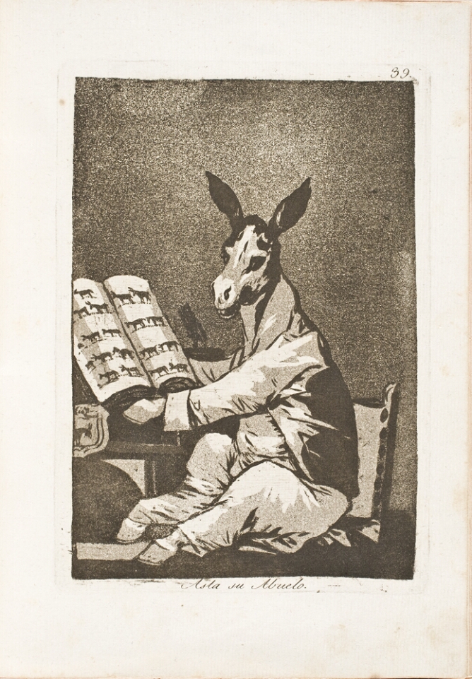 A black and white print of a sitting donkey wearing clothes, facing the viewer, and holding a book open to pages displaying animal pictures
