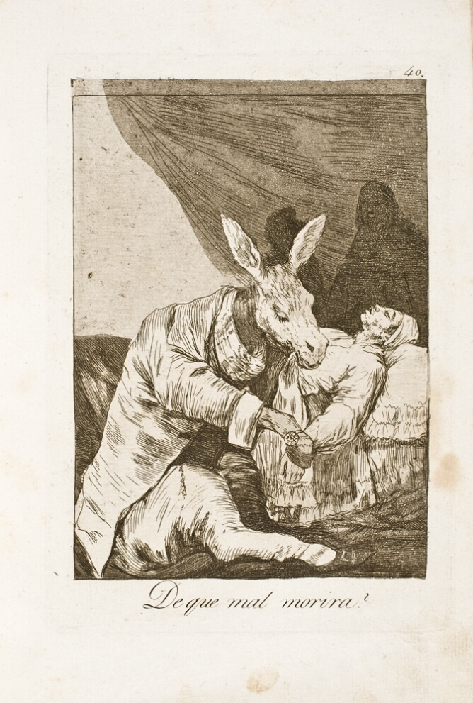 A black and white print of a clothed donkey holding the hand a figure lying in bed, while two shadowy figures witness
