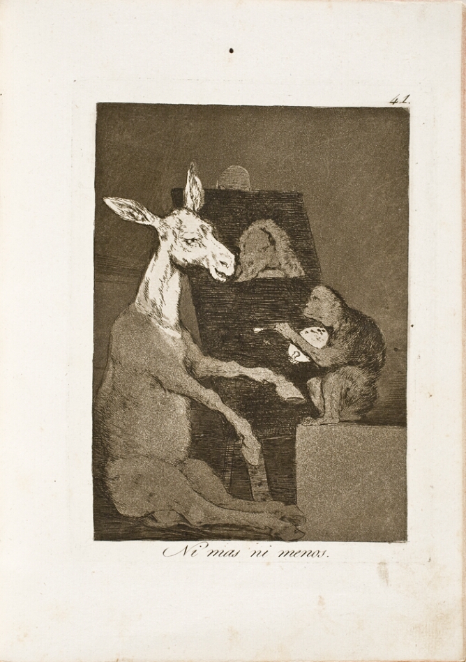 A black and white print of a donkey sitting for a monkey who is painting their portrait