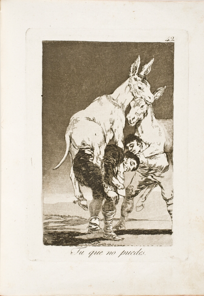 A black and white print of two men carrying a donkey on each back