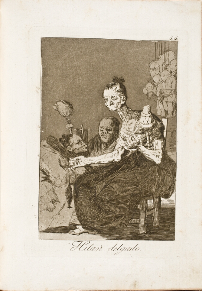 A black and white print of a seated older woman with an elongated neck spinning thread next to two figures. Behind her, bound child-like figures hang