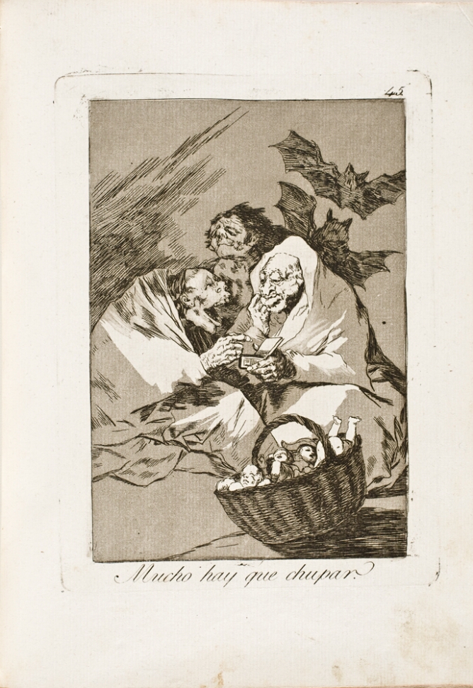 A black and white print of three grotesque figures. One offers an open container to another, while a third figure watches, as bats fly behind them. In the foreground, a basket full of tiny babies
