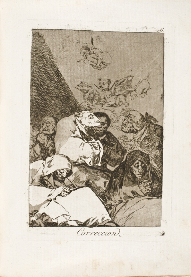 A black and white print of a seated figure with an animal head staring at a man before him. Two hooded figures sit facing away from them, while creatures fly above