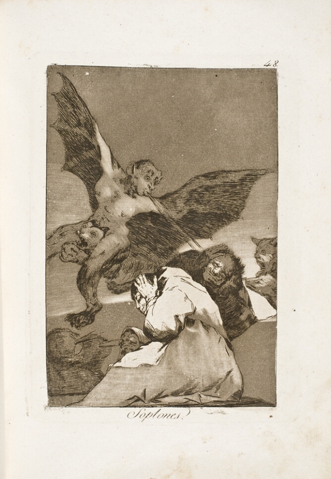 A black and white print of figures covering their ears as a bat-like creature, riding an animal, spews wind at them