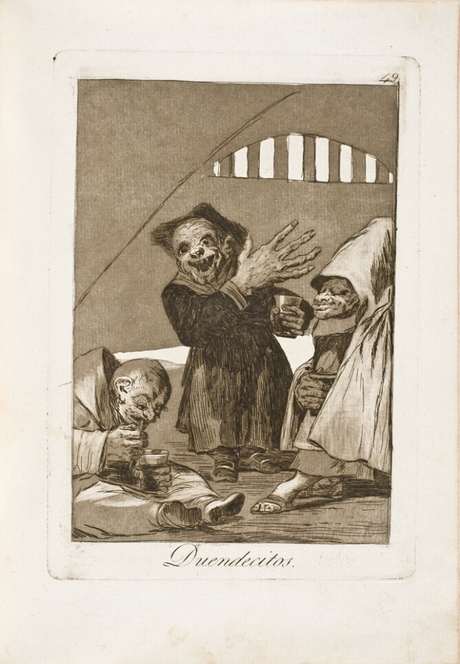 A black and white print of three clothed goblins sitting and standing with drinks in their hands. One goblin stands facing the viewer, raising the back of their disproportionately large hand