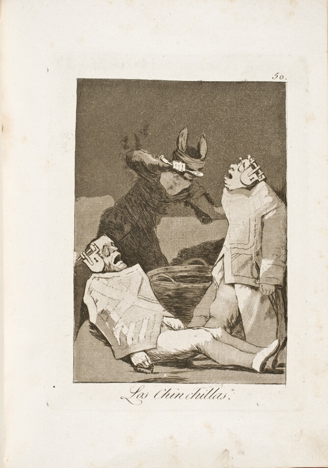 A black and white print of two figures with padlocked ears, one standing and the other sitting back, wearing straight jacket-like garments featuring coat of arms, being fed by a standing figure with donkey ears