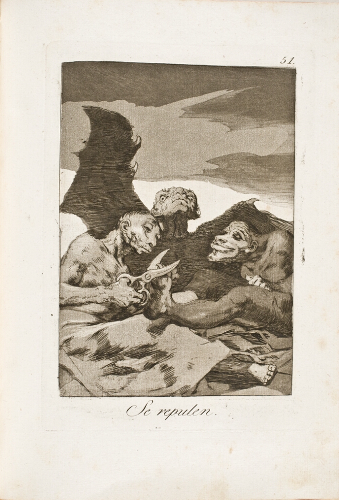 A black and white print of two seated grotesque figures, one cutting the toenail of the other with scissors. Behind them, a winged creature rises