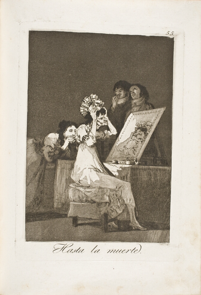A black and white print of an older woman in a dress sitting before a mirror trying on a headpiece, as figures watch