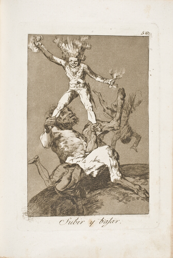 A black and white print of a seated satyr, a half-man, half-goat mythological creature, holding the legs of a standing figure, as other figures fall from above