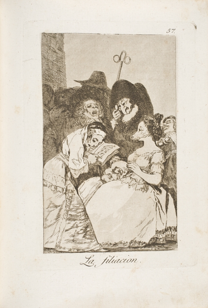 A black and white print of a woman wearing an animal mask touching a man's head on her lap. She is seated in front of a standing figure holding a book and a writing instrument, with grotesque figures to their side