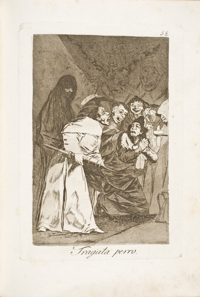 A black and white print of a standing man with an angry expression holding a giant syringe, while a veiled figure and other figures witness. A horned head watches over them