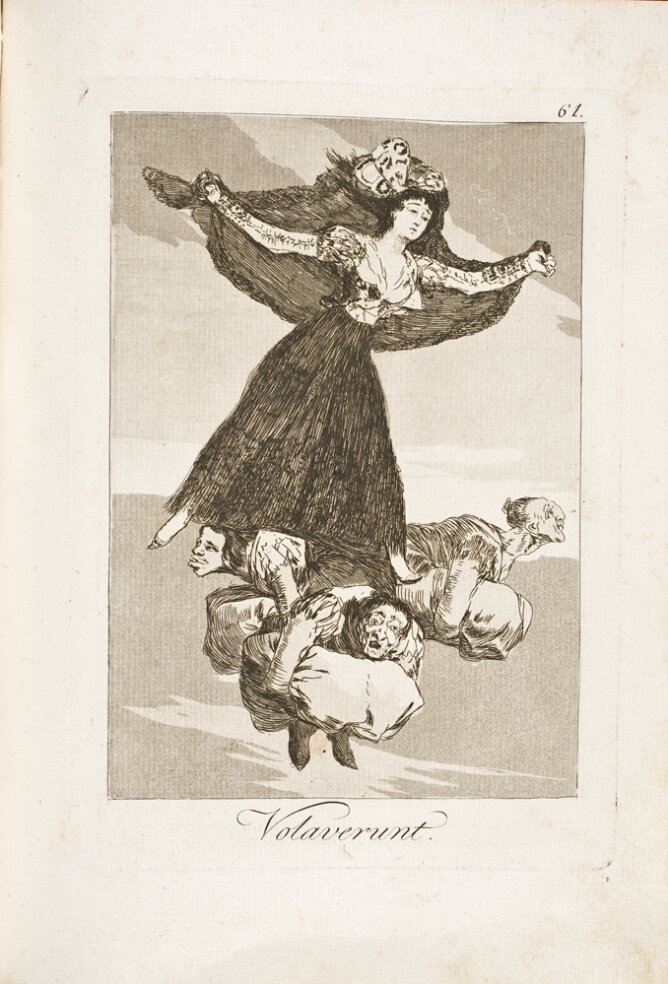 A black and white print of a woman flying, supported by crouched figures