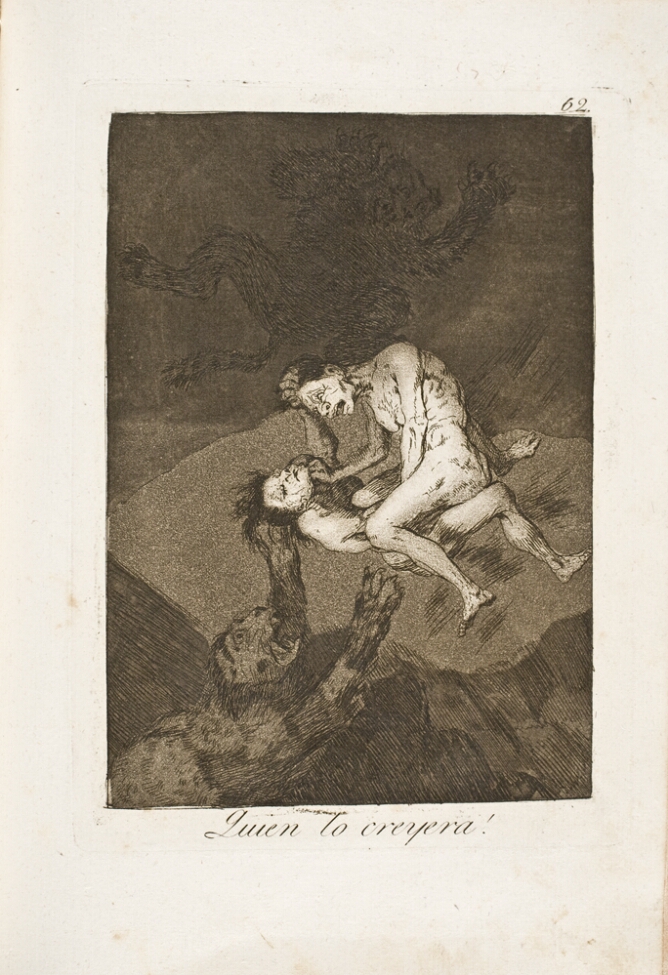 A black and white print of two nude women fighting in the air with two creatures