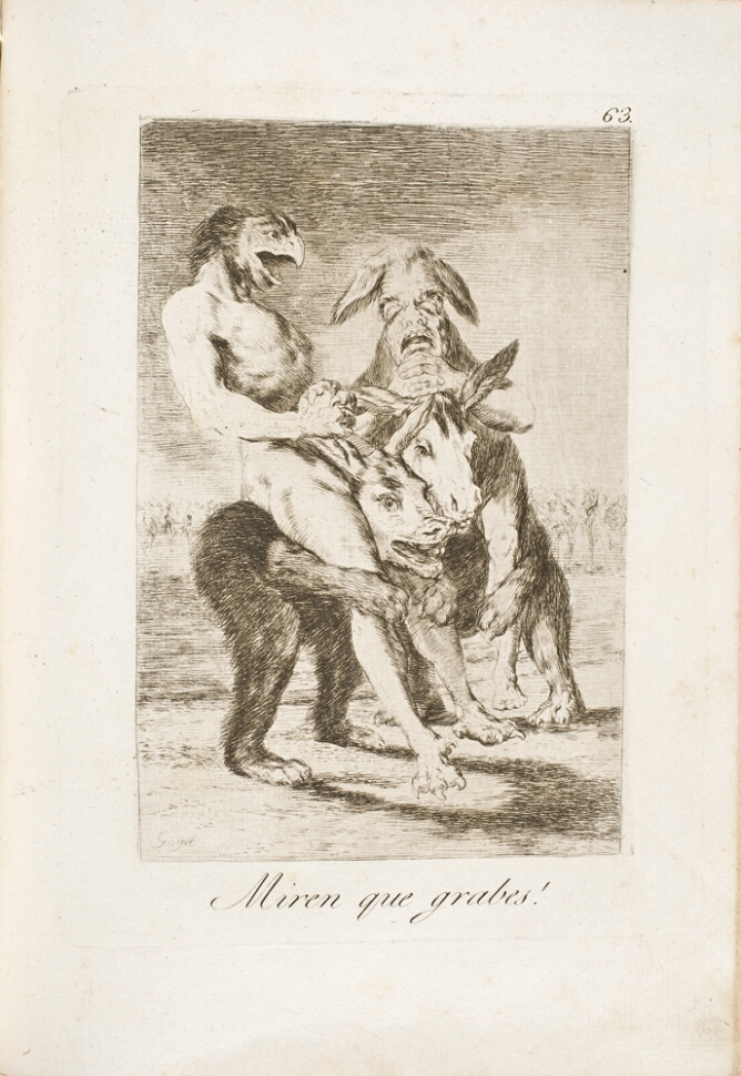 A black and white print of two figures, one with a bird's head, the other with donkey ears, riding on half-donkey creatures