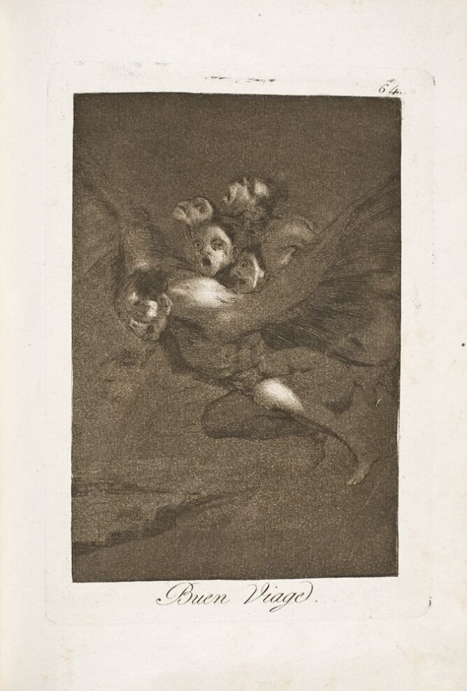 A hazy black and white print of four figures on the back of a grotesque figure with bat-like wings