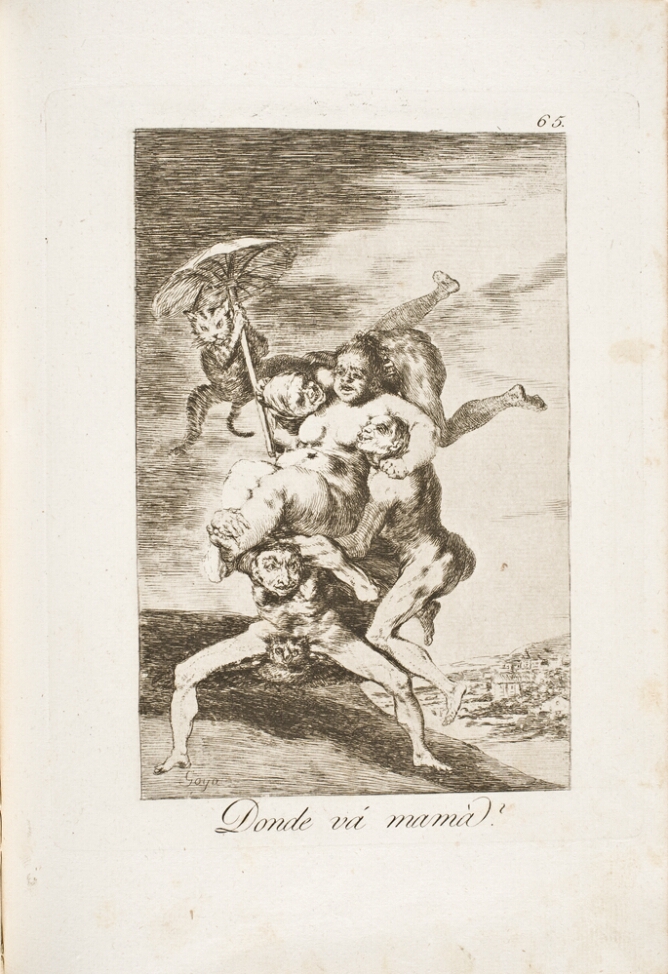 A black and white print of a nude, full-figured woman being carried by other nude figures in an outdoor setting. Below, an owl supports them, and to their side, a cat holds a parasol