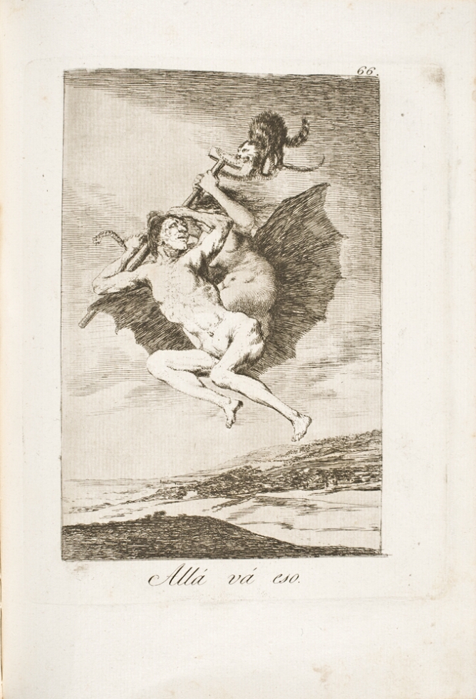 A black and white print of a nude woman holding a crutch, on the back of another nude woman, flying above a landscape with bat-like wings, accompanied by a cat and a snake