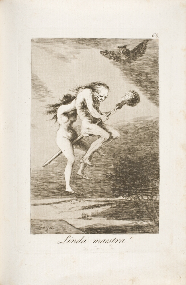 A black and white print of a nude older woman and a nude young woman riding on a broomstick above a landscape. An owl flies above them