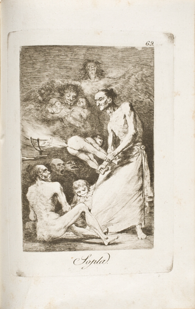 A black and white print of a standing figure holding a child bending over and passing gas towards a torch-like object, while grotesque figures witness. Above them, a figure with wings rises behind another figure holding babies
