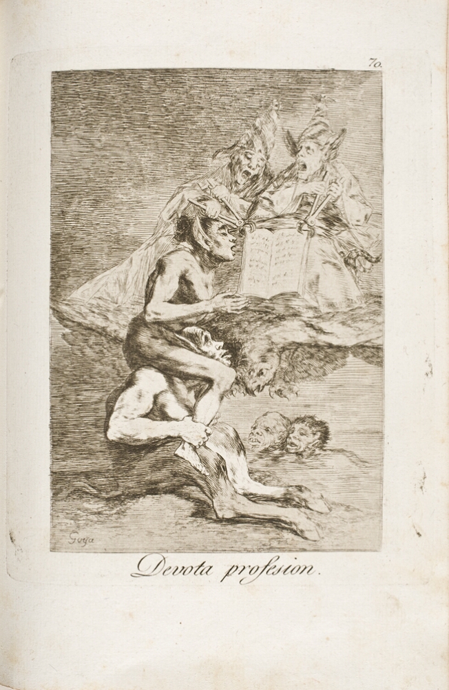 A black and white print of a figure with pointy ears on the shoulder of a seated figure with animal legs and a tail. Above them, two seated grotesque figures with conical hats hold an open book using pinching tools