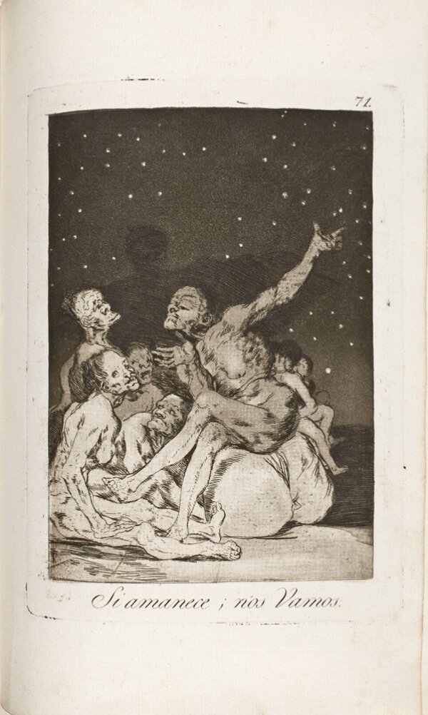 A black and white print of a group of grotesque figures sitting under a starry night sky. One sits on a rock facing others seated on the ground, gesturing upwards. In the background, a shadow of a winged figure