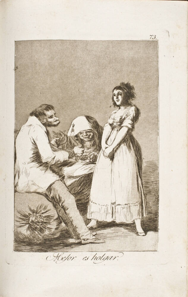 A black and white print of a woman standing before a man sitting on a sack. An older woman sits beside them