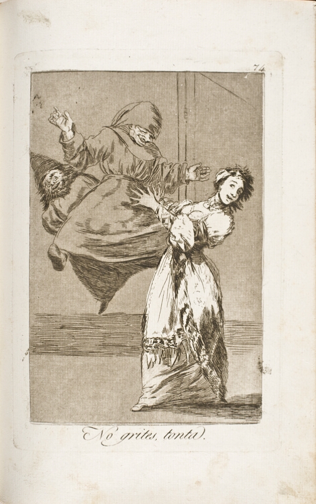 A black and white print of a standing woman frightened by two floating figures, one wearing a conical hat