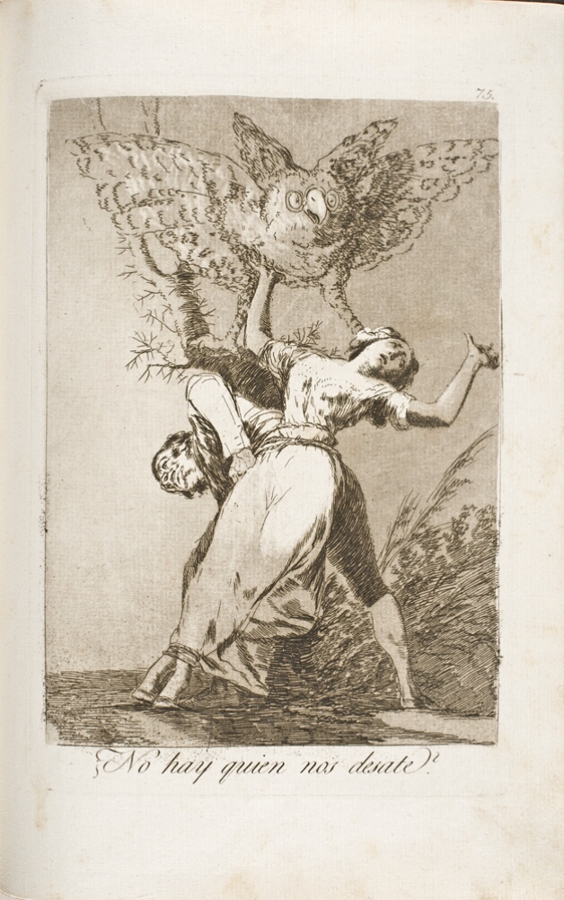 A black and white print of a man and woman tied together at the waist with rope. The man tries to break free as a giant owl with glasses steps on the woman's head