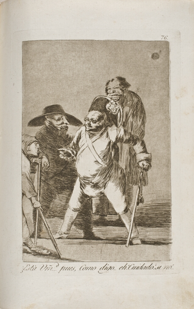 A black and white print of a man in military clothing standing with a cane, engaging with a figure supported by a crutch, with figures behind