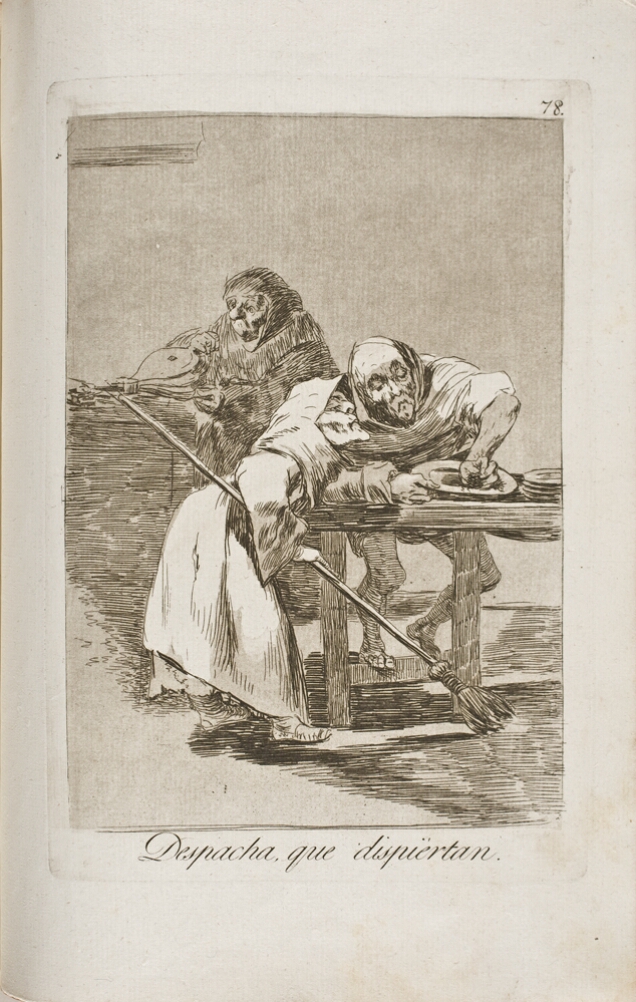 A black and white print of a figure holding a broom next to another figure washing dishes, while a third figure uses a bellows behind them