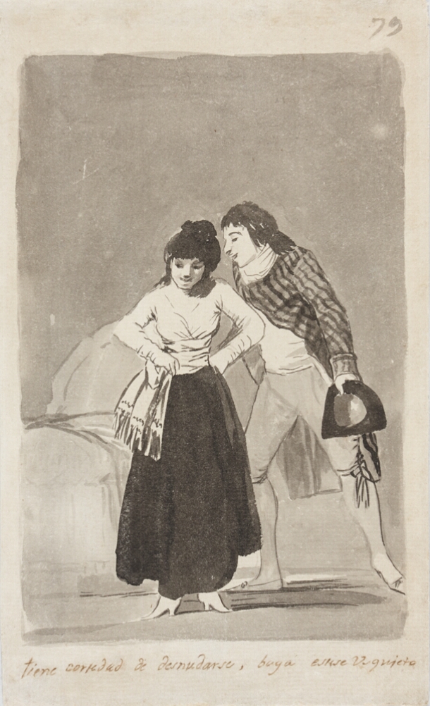 A drawing of a woman standing with her hands at her waist while a man stands next to her, gazing down at her