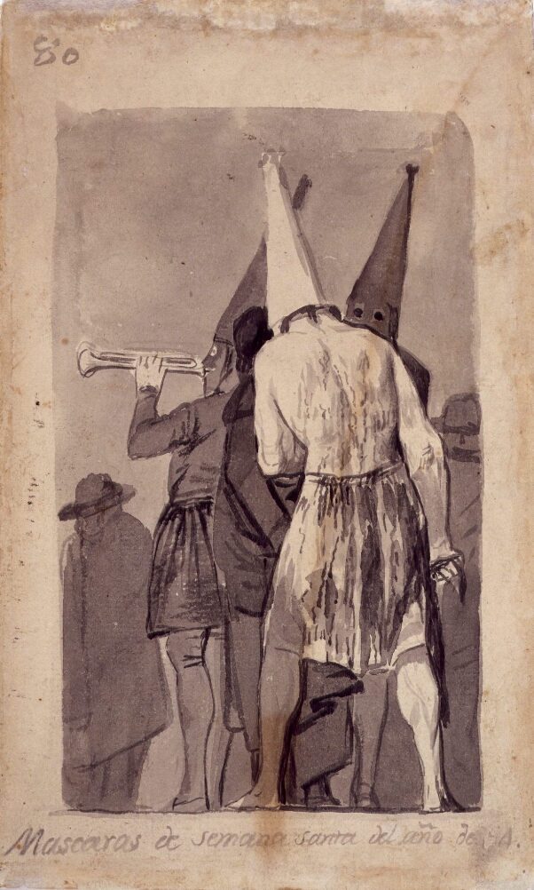 A drawing of standing figures wearing conical hats, with one of the figures blowing a horn
