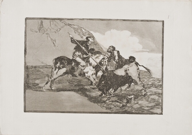 A black and white print of a man dressed in animal skins on horseback, spearing a tethered bull in a mountainous setting