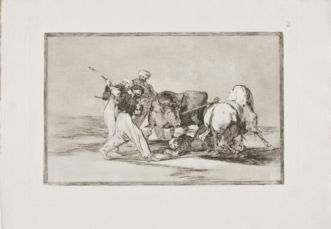 A black and white print of three figures attacking a bull, while another figure lies on the ground between the bull and a horse