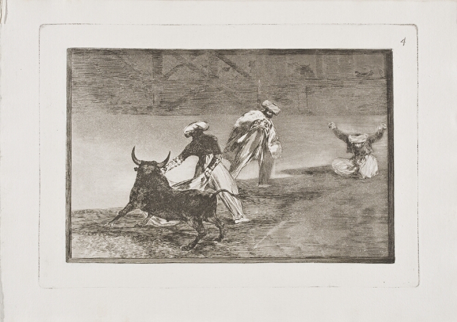 A black and white print of a standing man holding a cape in front of a bull in an arena, with two other men behind them