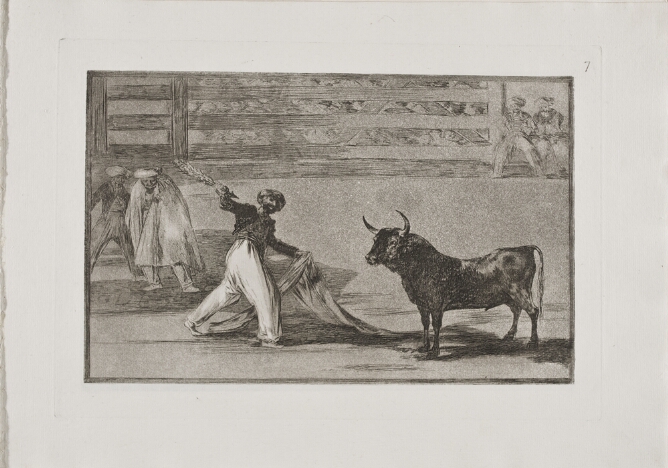 A black and white print of a standing man holding a cape and pointing a harpoon towards a bull, with two figures behind him