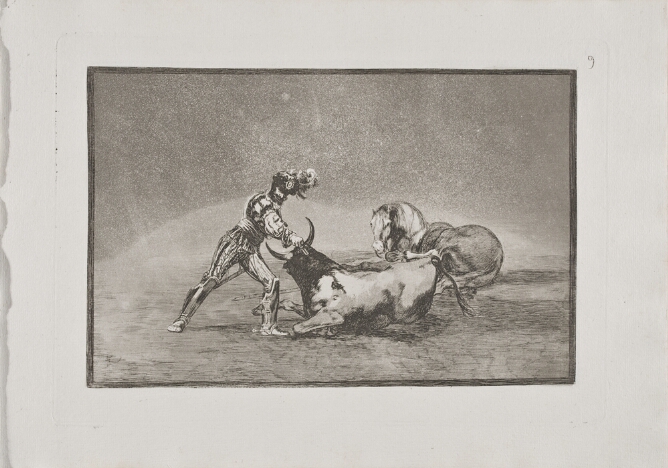 A black and white print of a standing man in armor grabbing the top of a bull's head who is on the ground. A horse lies on the ground behind them
